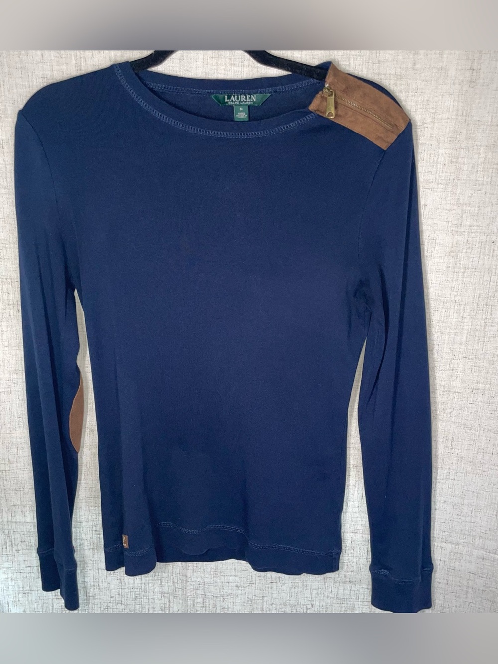 LRL Navy Blue Longsleeve Crewneck w/ Suede Shoulder Patch 100% Cotton Size M - Picture 2 of 10
